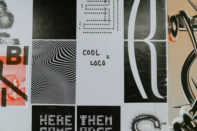 Collage of various graphic designs with text and abstract patterns on a textured background.