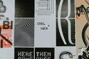 Collage of various graphic designs with text and abstract patterns on a textured background.