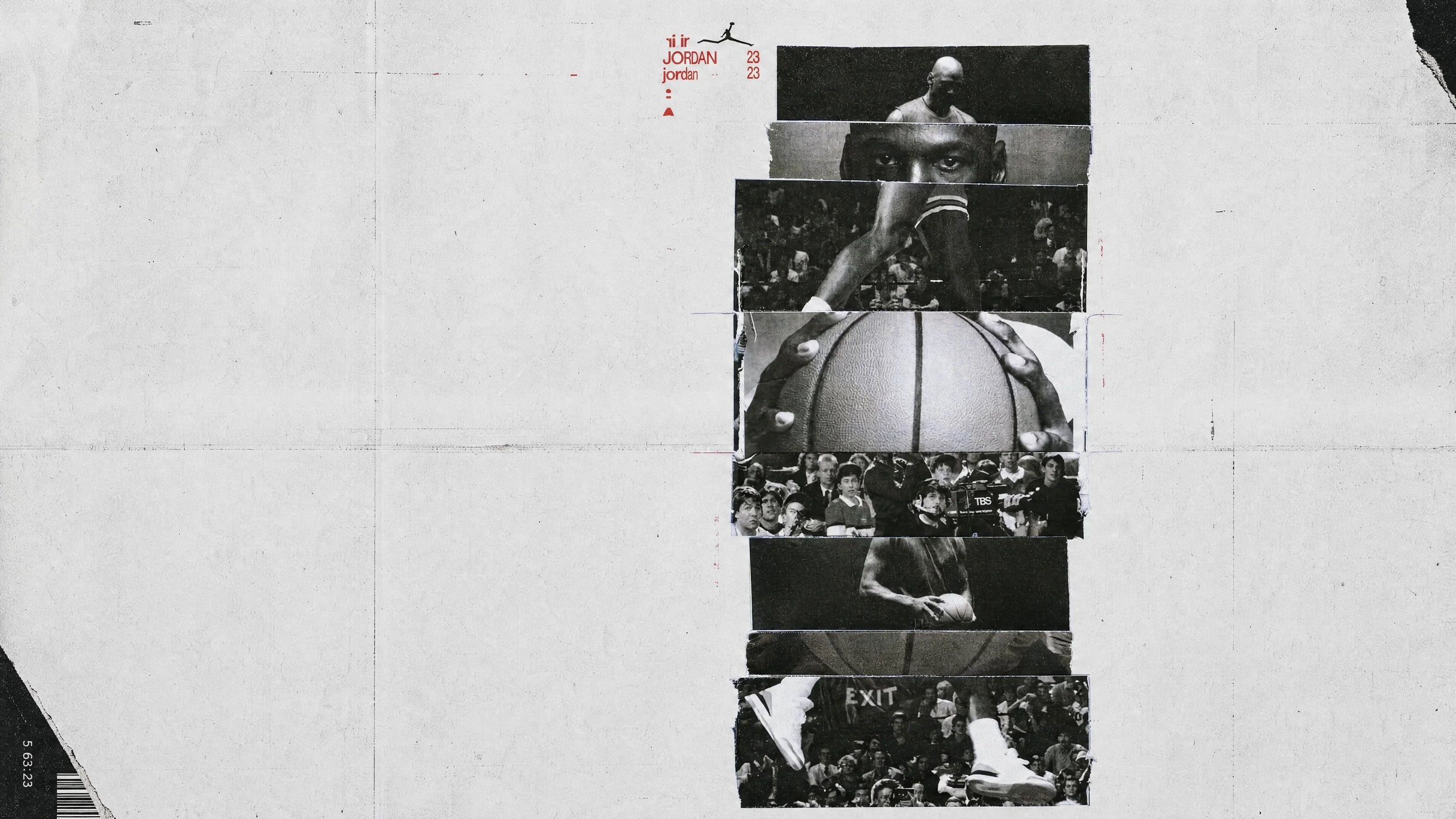 Black-and-white Michael Jordan photo collage with basketball and Jordan 23 branding