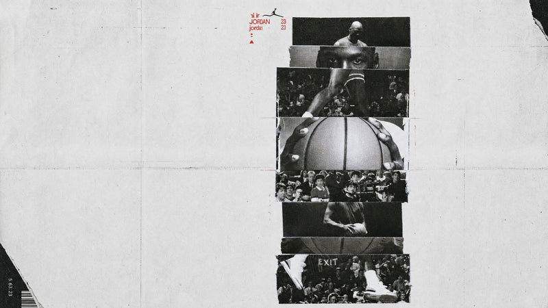Black-and-white Michael Jordan photo collage with basketball and Jordan 23 branding