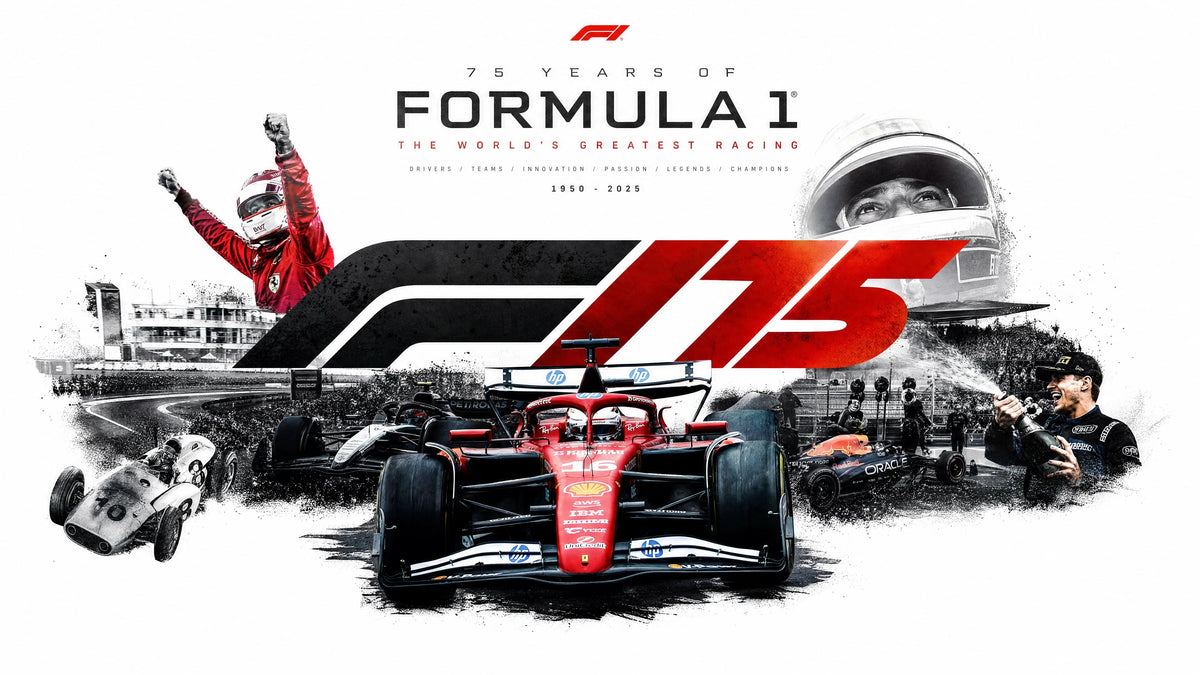 75 Years of Formula 1 anniversary artwork with a red F1 car, vintage racer and celebrating drivers