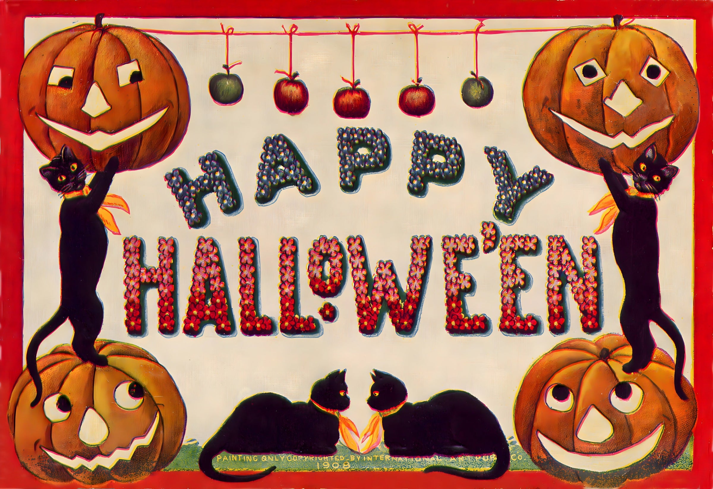 Happy Hallowe'en 1908 vintage postcard artwork: four grinning jack-o-lanterns and black cats around floral lettering