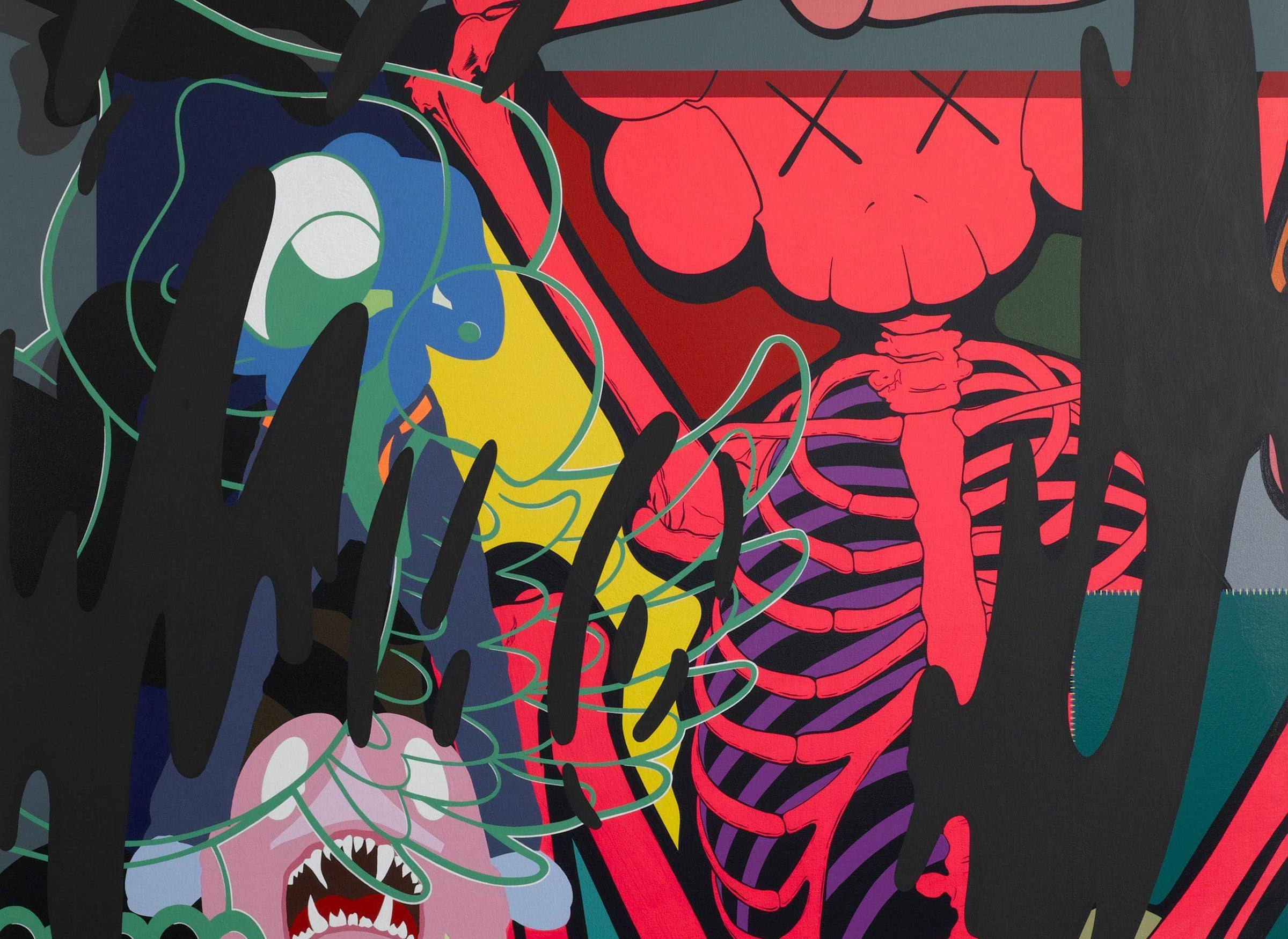 KAWS abstract pop art mural with red skeleton figure, neon green linework and layered characters in pink and blue