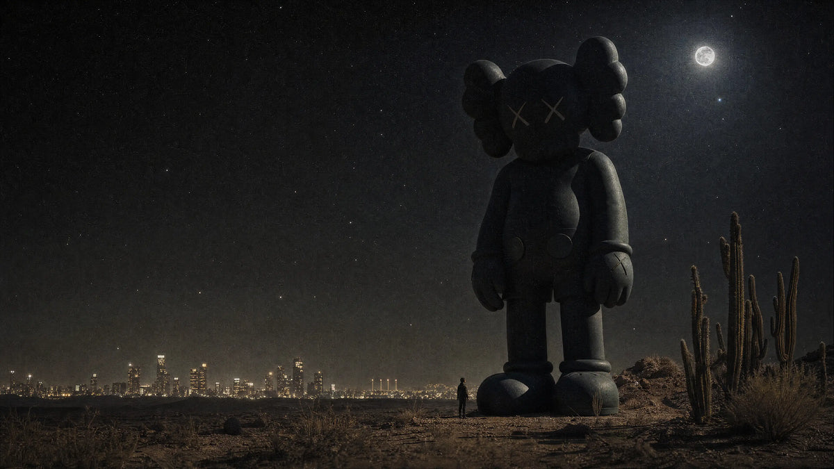 KAWS figurine standing in the desert at midnight watching a human watching him