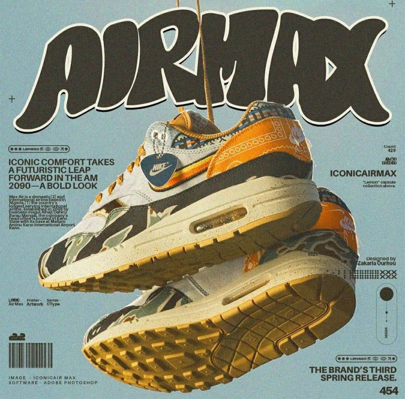 Nike Air Max 1 retro magazine-style sneaker poster with orange camo colorway, bold AIRMAX typography on light blue background