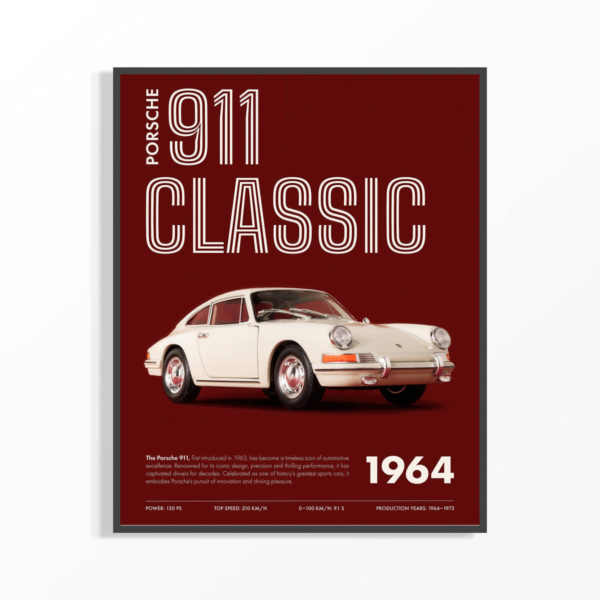 Porsche 911 Classic 1964 vintage car poster in a dark frame, heading the Porsche poster collection guide