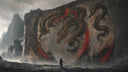 Lone samurai facing a cliff wall painted with golden dragons and red ink strokes, misty mountains behind