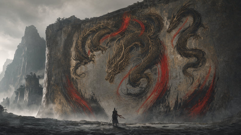 Lone samurai facing a cliff wall painted with golden dragons and red ink strokes, misty mountains behind