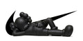 Resting KAWS companion across a full Nike swoosh — the three-panel set as one composition