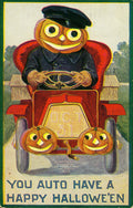 Jack O Lantern driving a red car — 1900s vintage Halloween postcard art