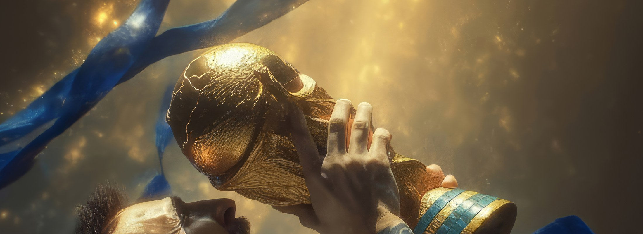 World Cup trophy lift in gold — sports poster detail