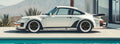 White Porsche 911 beside a pool — automotive poster detail