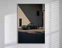 Vintage green Porsche 911 coupe poster in a slim frame on a bright wall with soft window light