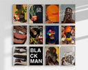 Abstract Black Man Wall Art Set of 12 featuring vibrant digital art celebrating Afrocentric identity.