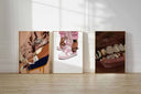 Horizontal display of modern abstract art showcasing a stylish figure with a pink shoe detail.