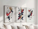 Abstract Nike wall art set showcasing colorful splashes and swoosh in a modern design.