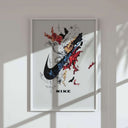 Abstract Nike wall art focusing on dynamic splashes of color and a recognizable swoosh design.