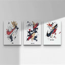 Abstract Nike Wall Art Set of 3 featuring vibrant splashes of color and iconic swoosh designs.