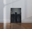 Astronaut Dystopian City Art Print leaning against the wall, showcasing its enigmatic and futuristic vibe.