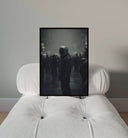 Astronaut Dystopian City Art Print displayed on a table, emphasizing its visionary art style and dark theme.