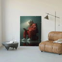 Astronaut Wall Art Print by Haus of Prints, depicting an astronaut in vibrant orange attire, absorbed in a tablet amid ethereal lighting.