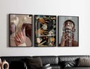 Black Art Fashion Poster Set of 3 featuring vibrant Afrocentric digital wall art in a modern living room, framed prints by Haus of Prints.