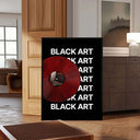 Black Art x The Strokes Vinyl Poster standing next to a wooden door, featuring a striking red vinyl record.