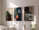 Brightly colored artwork symbolizing joy and beauty with dramatic facial expressions and floral motifs.