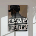 Artwork showcasing elegance and dignity with bold typography stating "Black Is Beautiful."