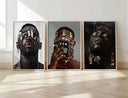 Black Men Wall Art Set of 3 featuring a striking visual of a masked figure with intricate designs and jewelry.