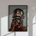 Black Men Wall Art Set of 3 depicting a strong man wearing an intricate mask, symbolizing Afrocentric identity.