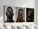 Black Men Wall Art Set of 3 portraying strong Afrocentric themes focusing on identity and cultural heritage.