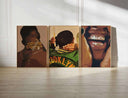 Black Men Wall Art Set of 6 featuring Afrocentric digital wall art prints in warm tones displayed in a modern living room by Haus of Prints.