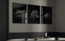 Black Sneaker Wall Art Set of 3, vibrant sneaker designs showcased in a high-contrast black-art setting.