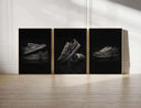 Black Sneaker Wall Art Set of 3, featuring dynamic sneaker visuals with a touch of reflection against black.