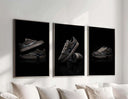 Black Sneaker Wall Art Set of 3, modern sneaker prints displayed elegantly on a minimalist dark background.