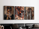 Black Woman Art Poster Set of 3 featuring Afrocentric digital wall art with rich brown tones in a modern living room by Haus of Prints.