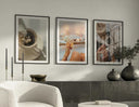 Black Woman Art Set of 3 Digital Prints in sleek black frames, Afrocentric digital wall art for modern living room by Haus of Prints.