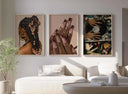 Woman with an expressive hairstyle and jewelry, presenting a stylish statement in the Black Woman Printable Art collection.