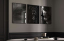 Black and White Fashion Prints arrangement showcasing dramatic lip art and a fierce dog, styled for modern decor.