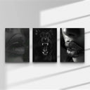 Black and White Fashion Prints Set of 3 by Haus of Prints, showcasing elegant lip art and a fierce dog.