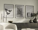 Black and white poster showcasing sneakers, emphasizing the sleek design and street style.