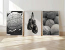 Black and White Sports Poster collection showcasing basketball and boxing gloves for a dynamic aesthetic.