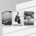 Black and White Sports Poster Set of 3 featuring a basketball, boxing gloves, and baseballs for modern decor.