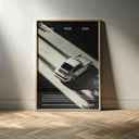 Classic Porsche 911 Wall Art Print artistically displayed, emphasizing sleek lines and automotive elegance.
