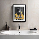 Contemporary Wall Art Set of 3 Posters featuring bold urban sneaker art in black and yellow framed in a modern bathroom by Haus of Prints.