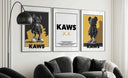 Contemporary Wall Art Set of 3 Posters featuring sneaker art in bold yellow and black tones, framed digital prints in a modern living room, Haus of Prints.