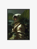 Cosmic Explorer – Space Astronaut Art Print, depicting an astronaut among lush tropical leaves.