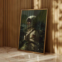 Framed Cosmic Explorer Art Print showcasing an astronaut enveloped by green foliage in a stylish interior.