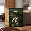 Standing Cosmic Explorer Art Print displaying an astronaut with foliage backdrop in a cozy living space.